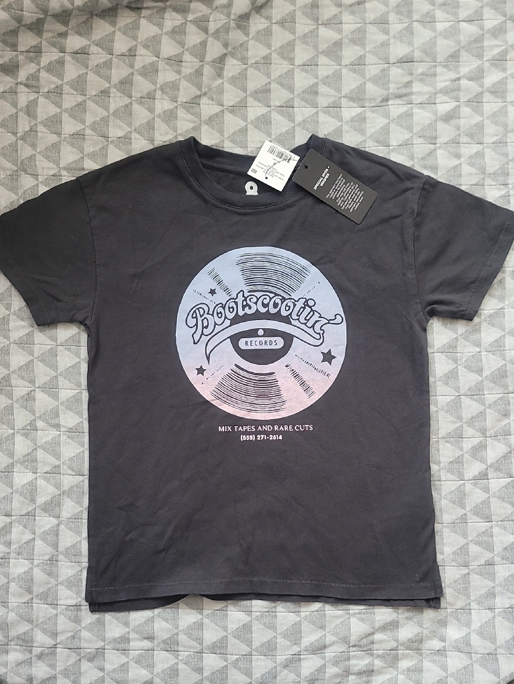 Cotton On Black Tee with Pastel Blue-Pink Record Graphic